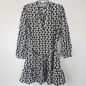 ZARA The Paula Dress Black / Ivory Geometric Print Sz Medium Long‎ Sleeves.D111